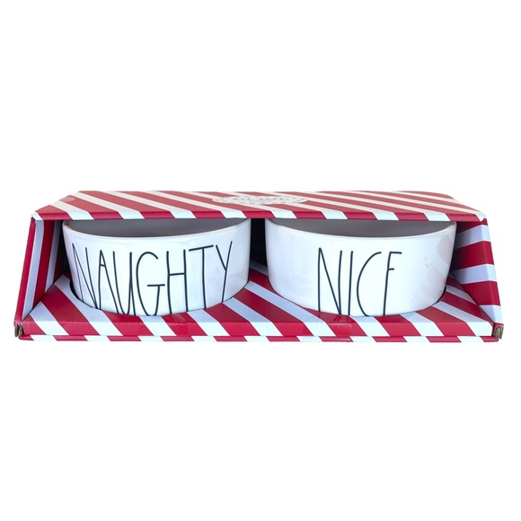 Rae Dunn Naughty & Nice Holiday 6" Pet Bowl Gift Set White w/Black Lettering NIB - Picture 2 of 7